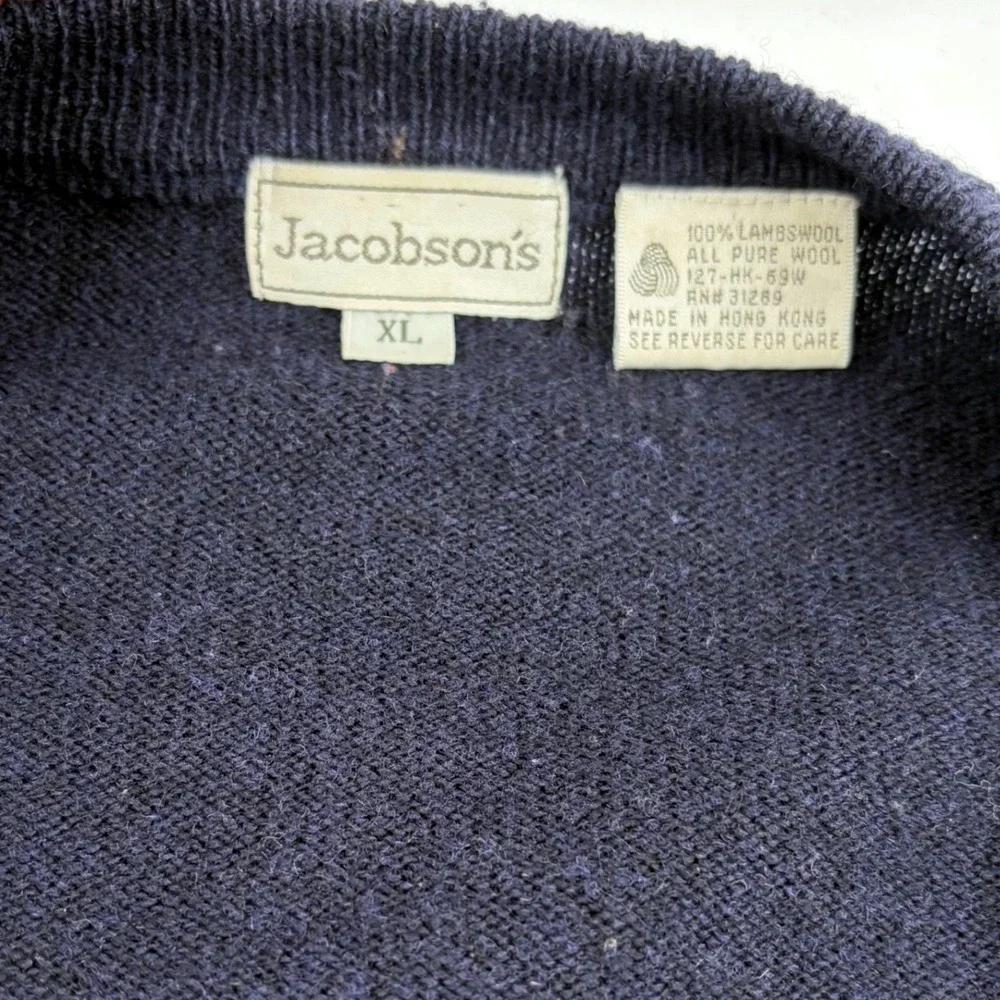 Jacobson's Mens Vintage XL Navy Blue‎ 100% Lambswool V-Neck Sweater Knit Wool